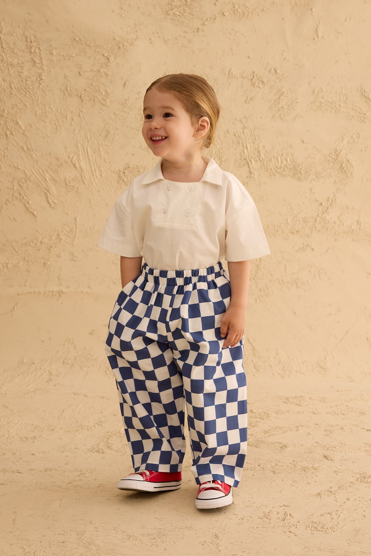 Checkerboard Pattern Baggy Trousers Navy Blue