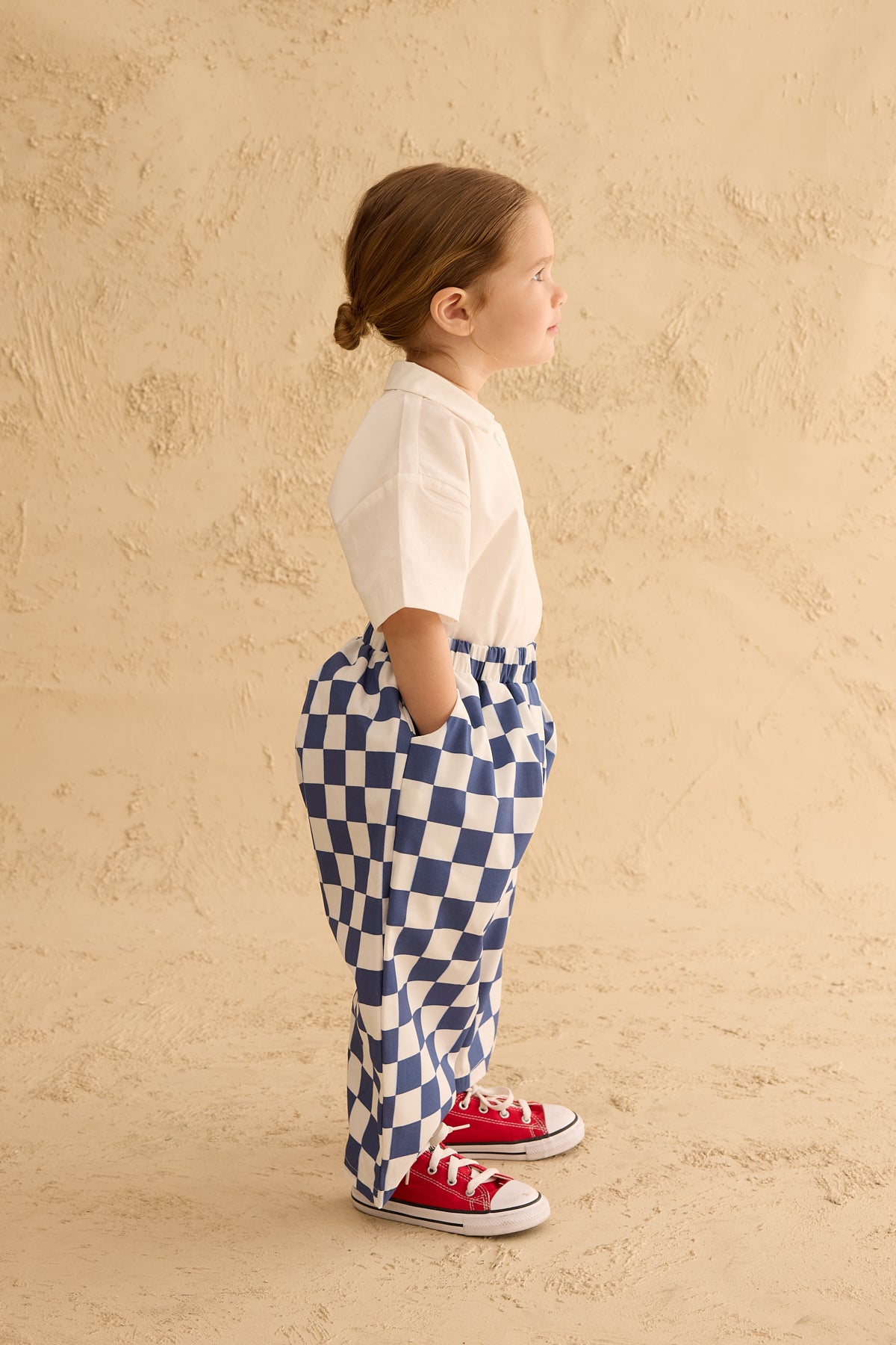 Checkerboard Pattern Baggy Trousers Navy Blue