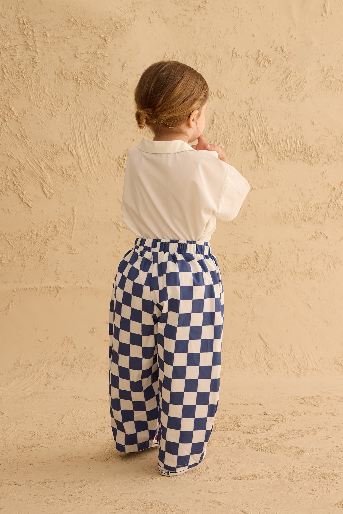 Checkerboard Pattern Baggy Trousers Navy Blue