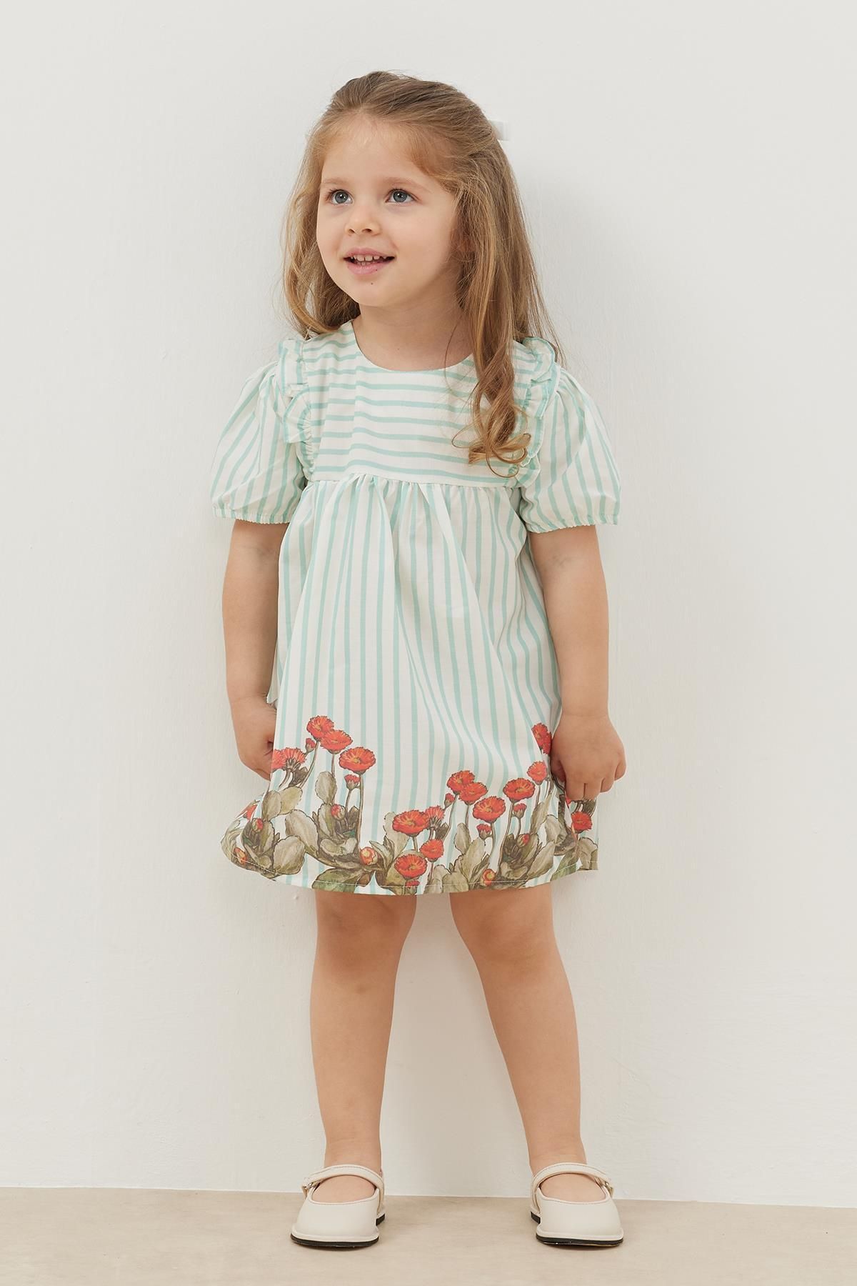 Fırfır Detaylı Elbise Mint Çizgili