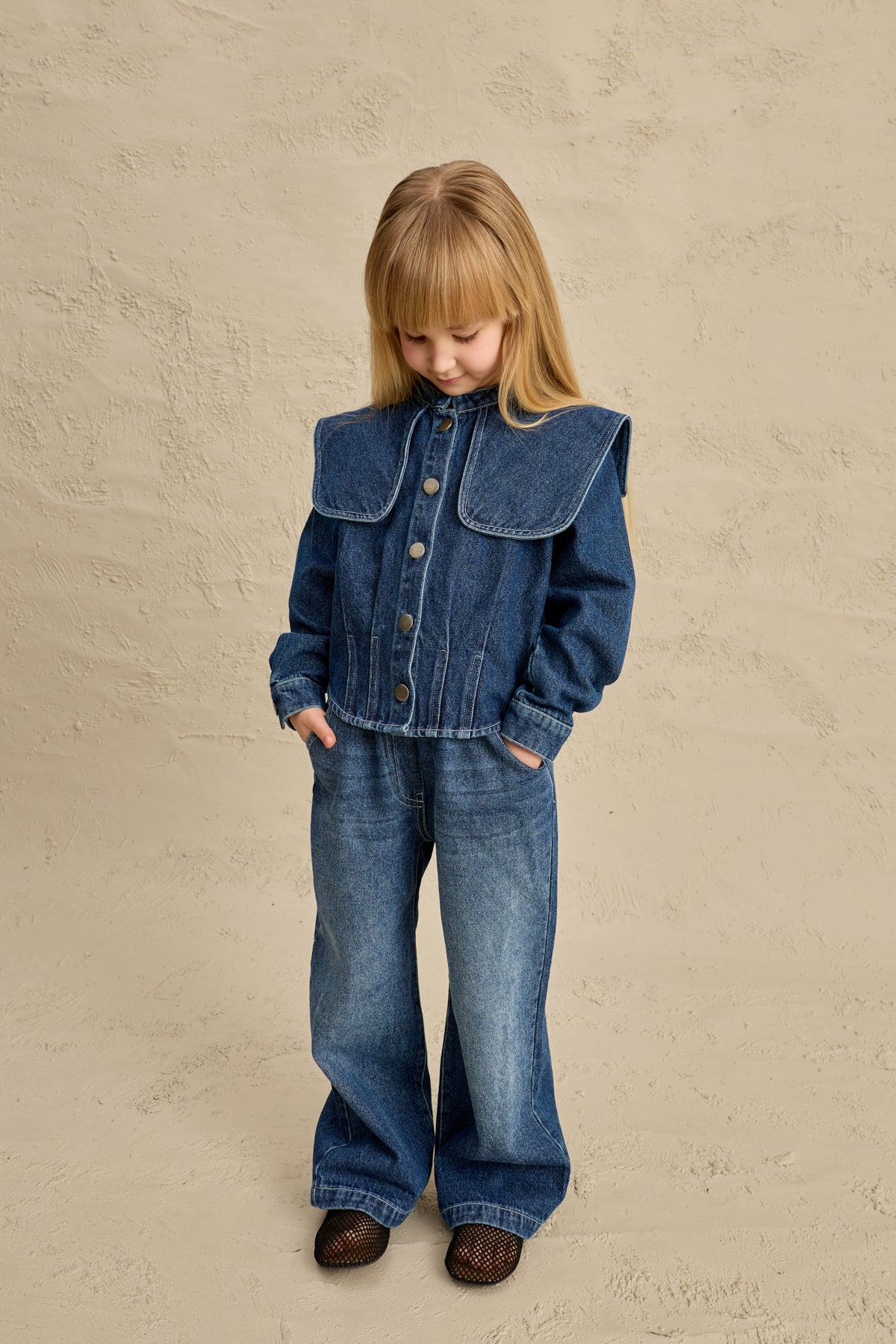 Geniş Yakalı Denim Takım Lacivert