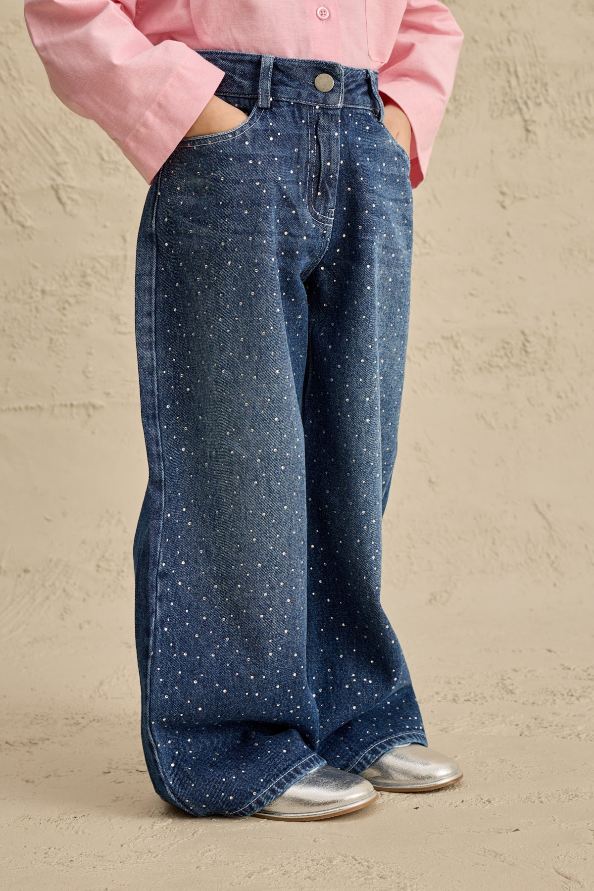 Işıltılı Straight Denim Pantolon Lacivert