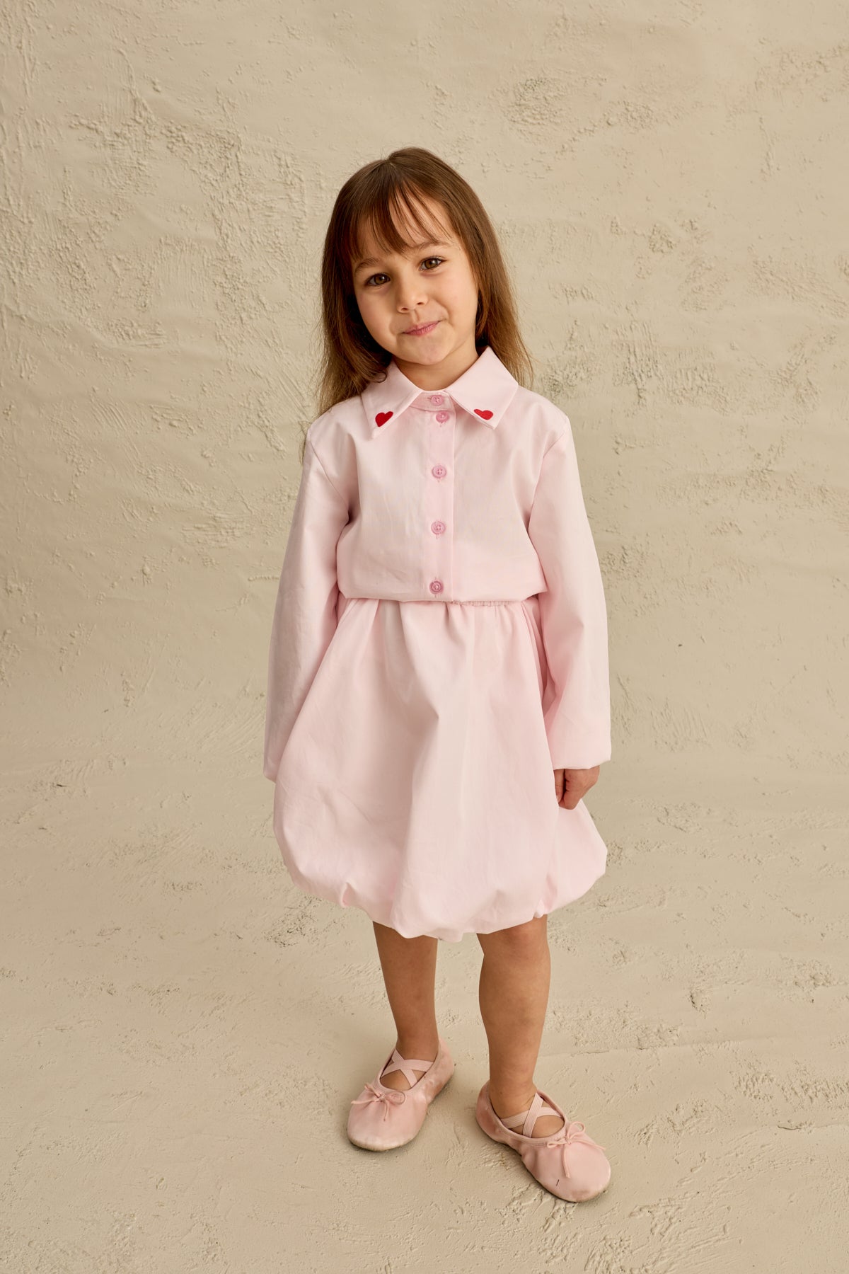 Kalp Nakışlı Etek Takım Pembe