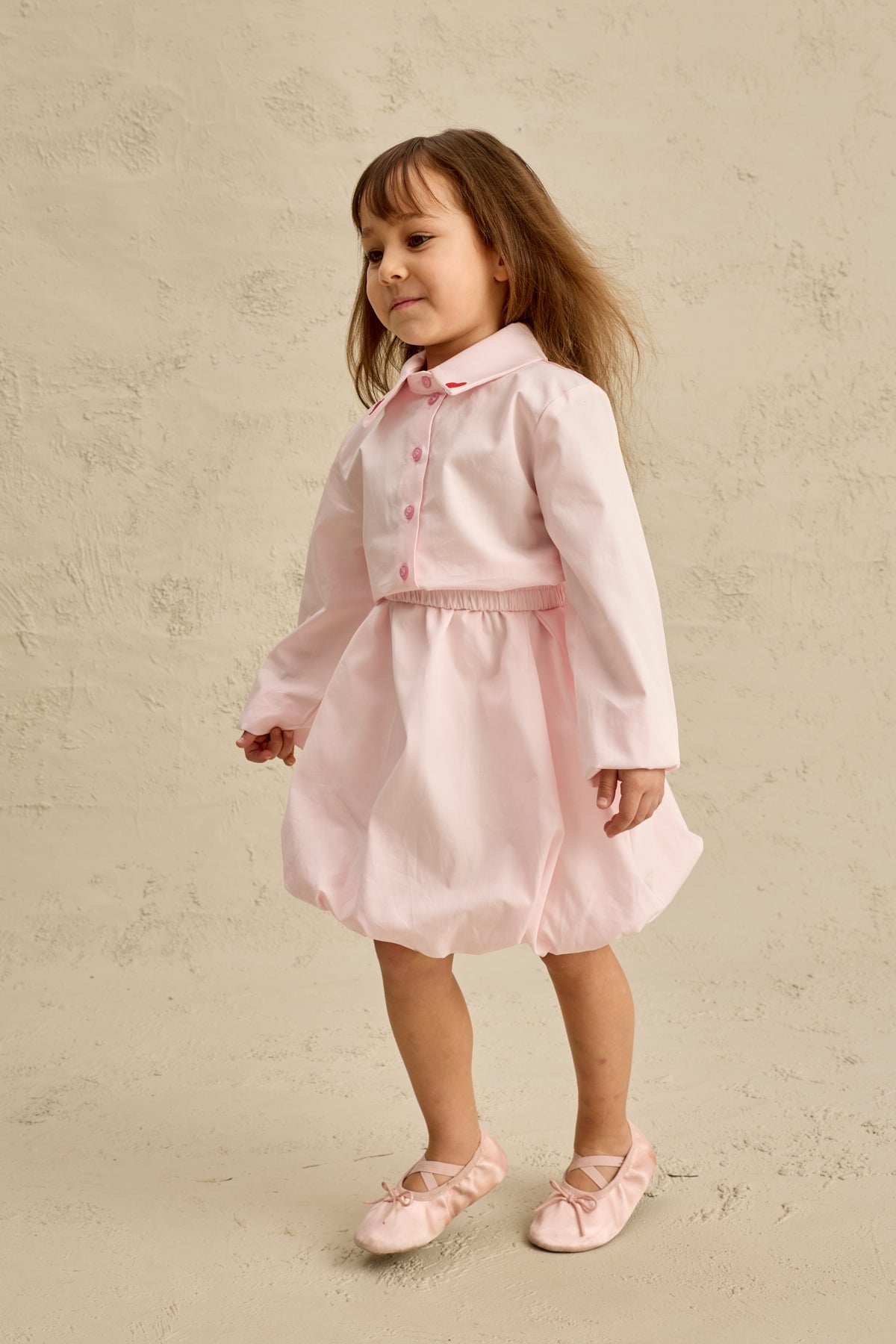 Kalp Nakışlı Etek Takım Pembe