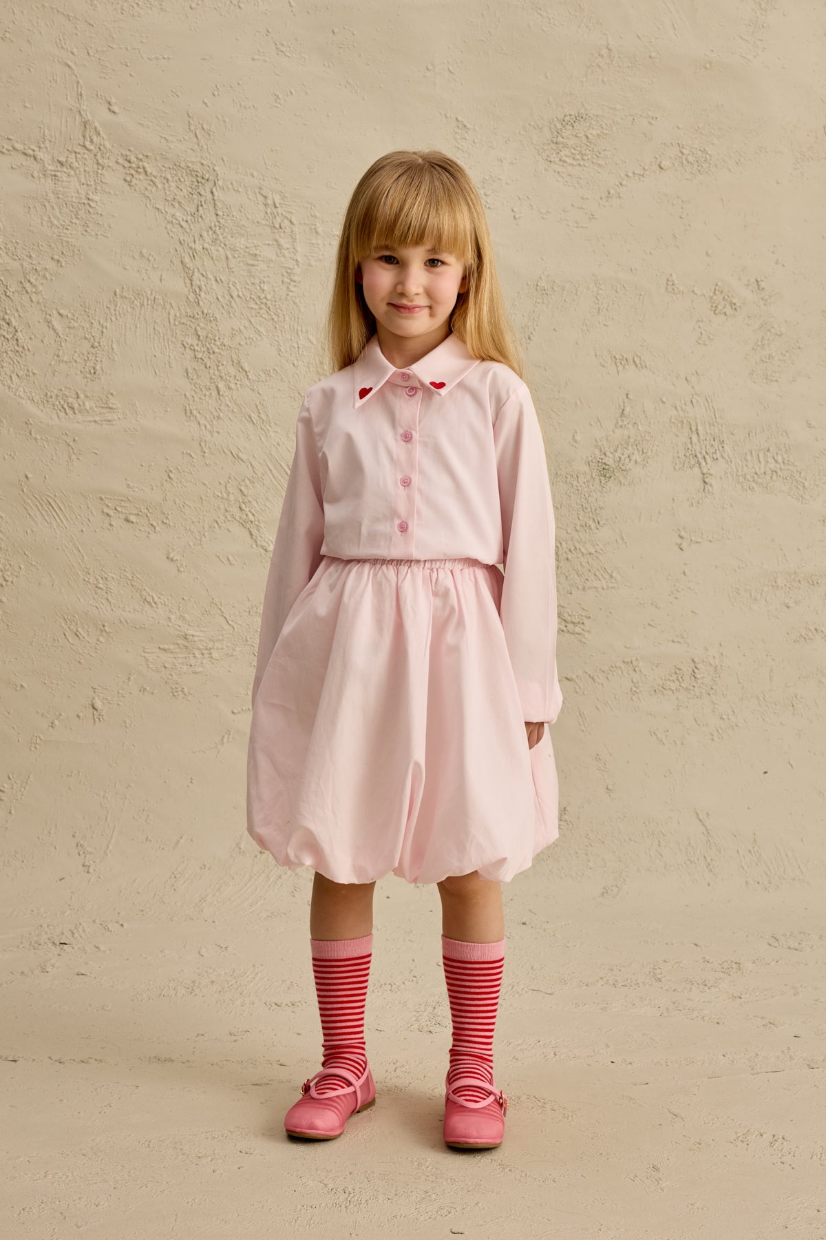 Kalp Nakışlı Etek Takım Pembe