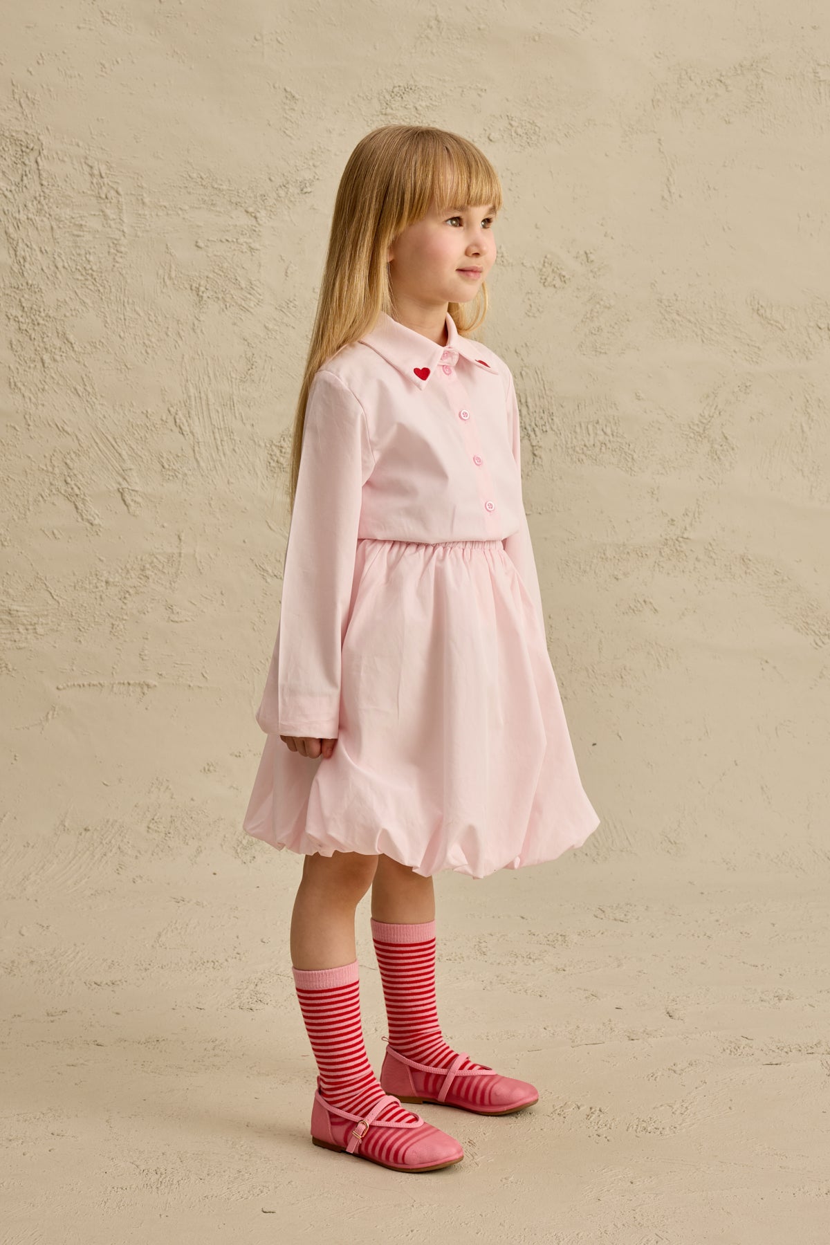 Kalp Nakışlı Etek Takım Pembe