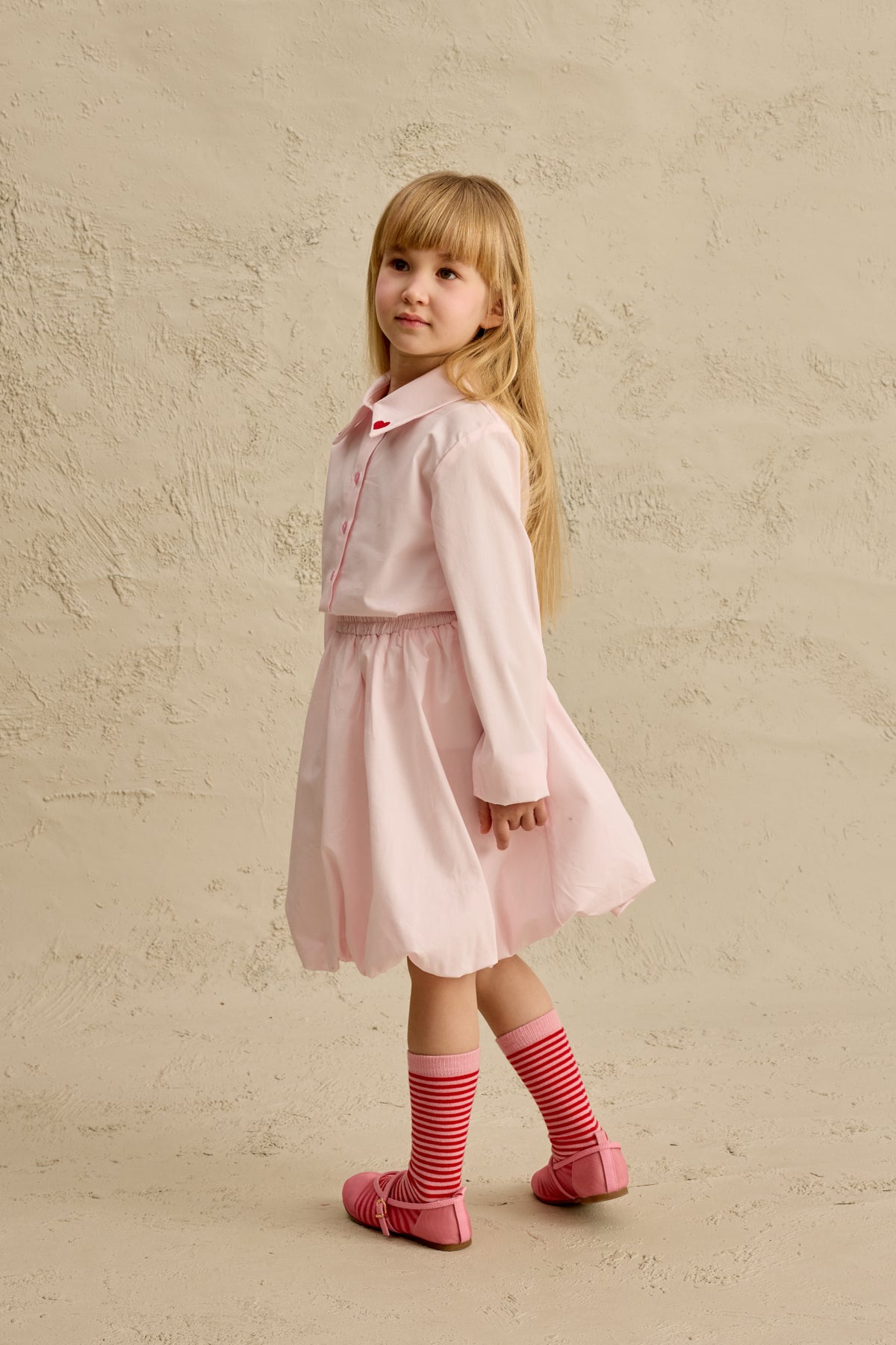 Kalp Nakışlı Etek Takım Pembe