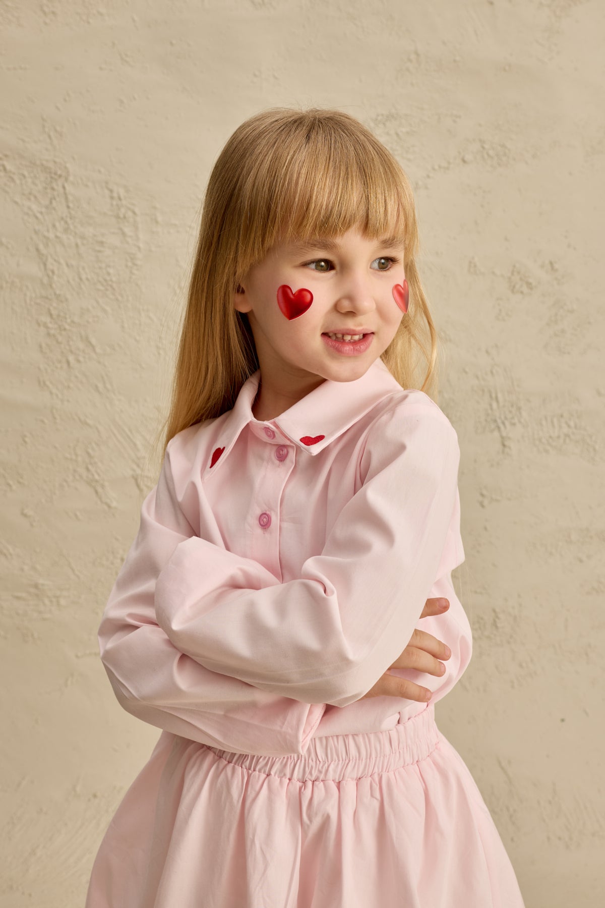 Kalp Nakışlı Etek Takım Pembe