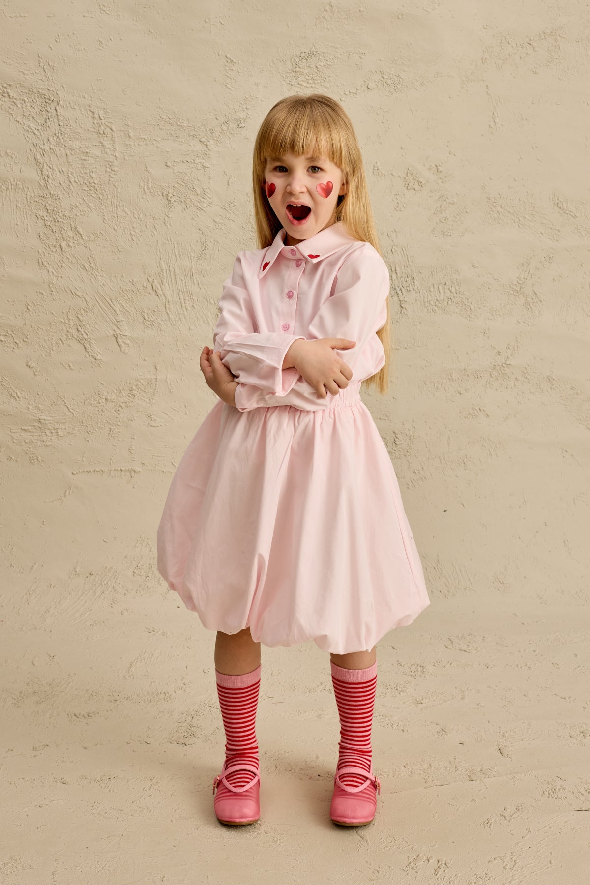 Kalp Nakışlı Etek Takım Pembe