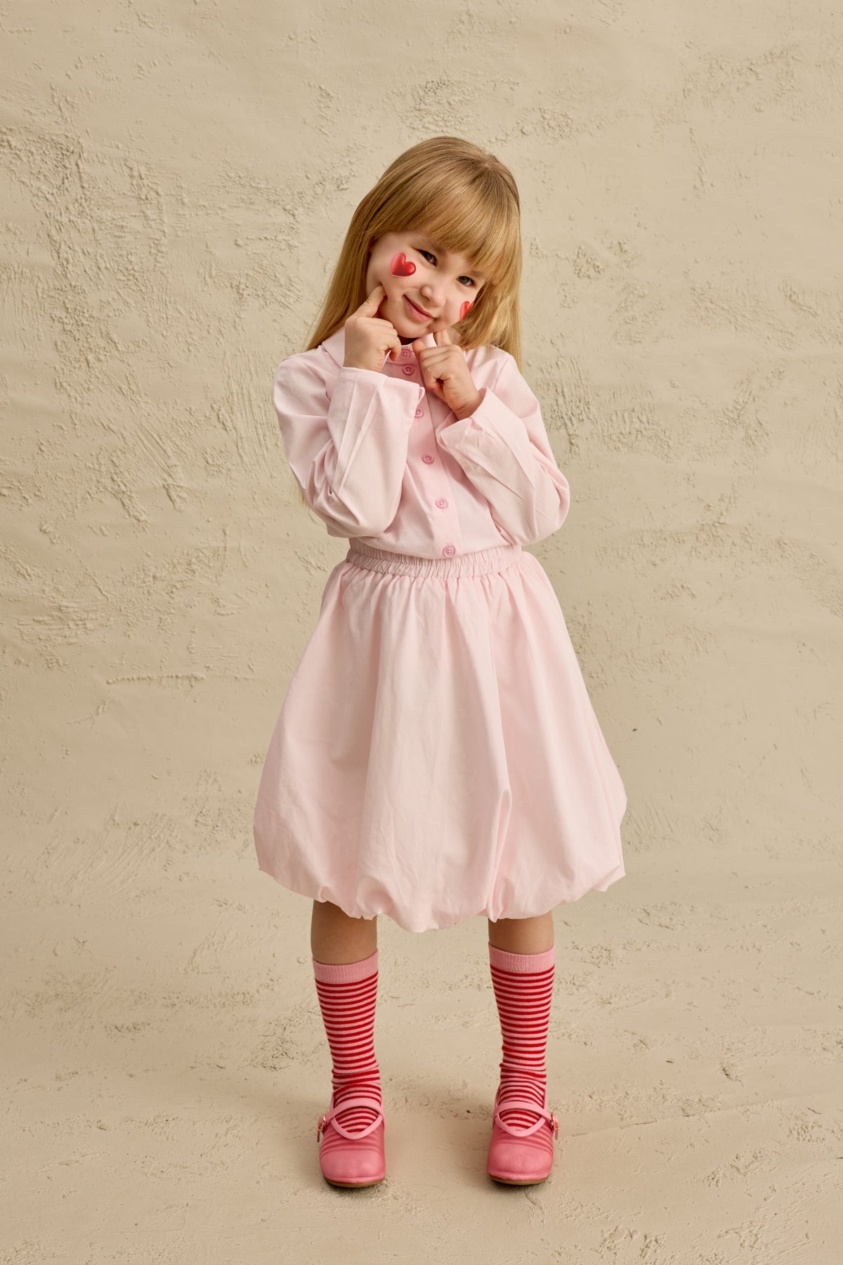 Kalp Nakışlı Etek Takım Pembe