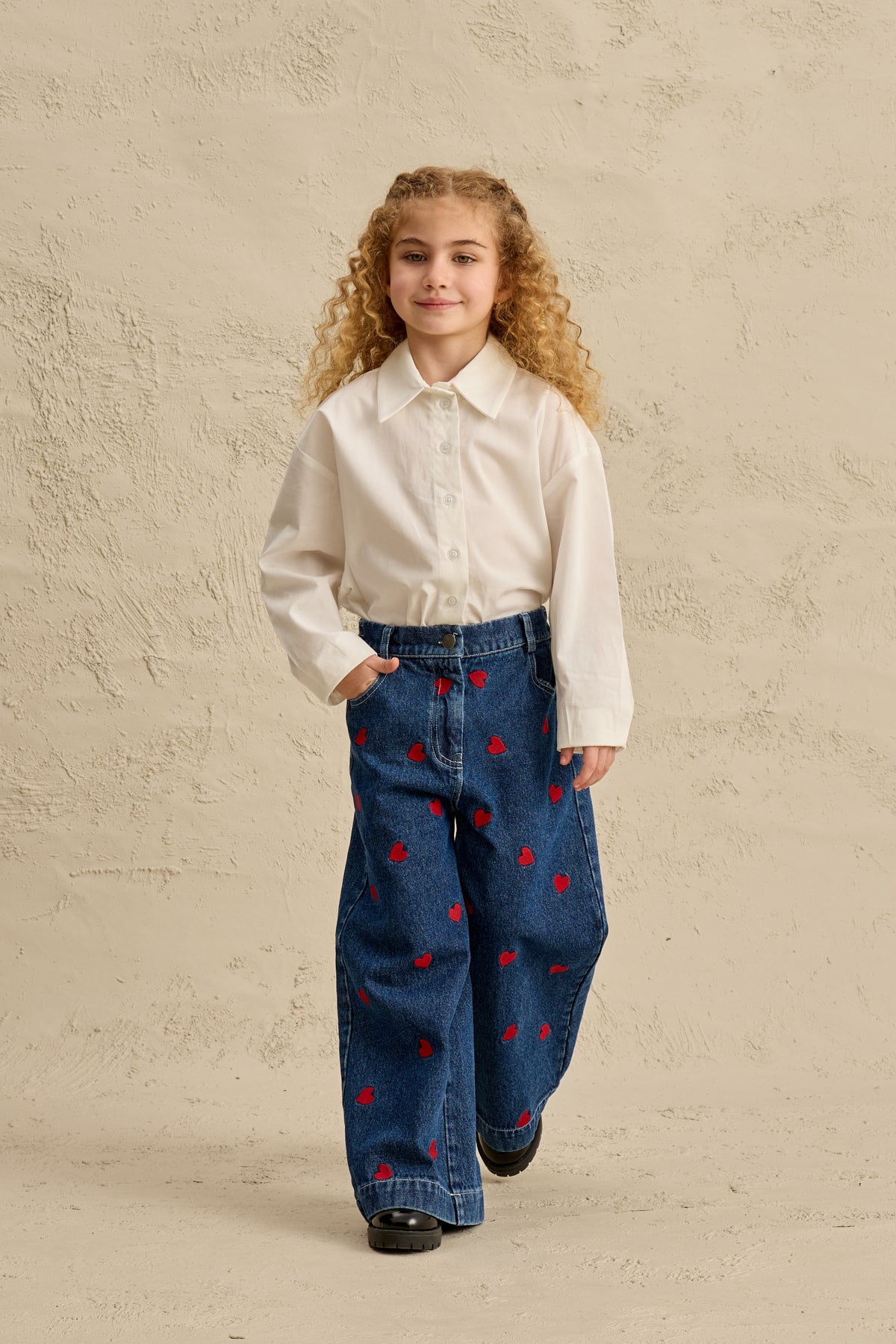 Kalp Nakışlı Straight Denim Pantolon Lacivert