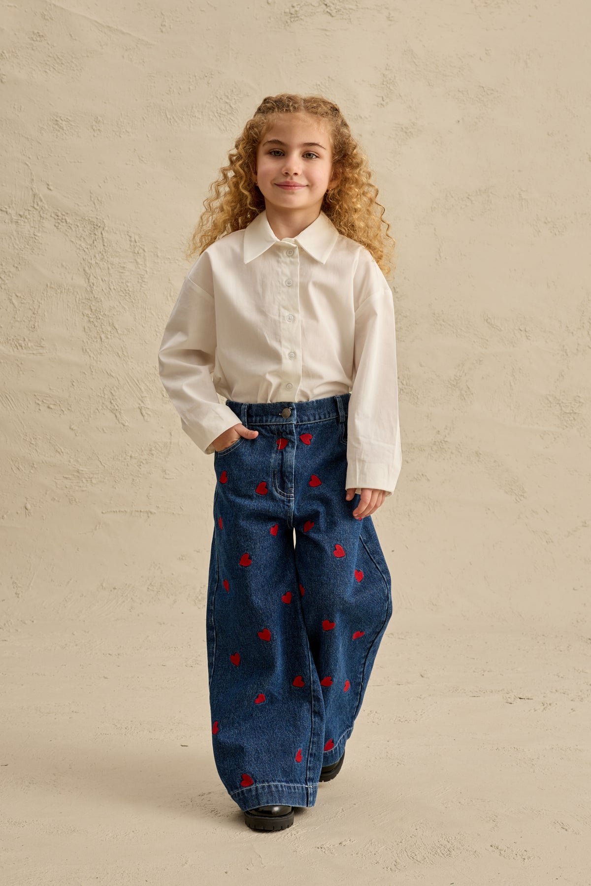 Kalp Nakışlı Straight Denim Pantolon Lacivert