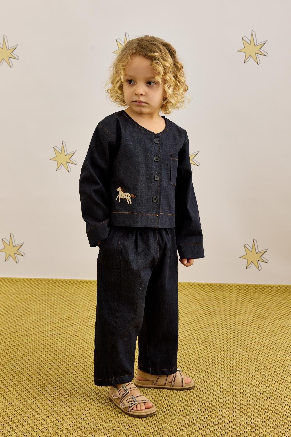Kimono Denim Ceket Takım Lacivert