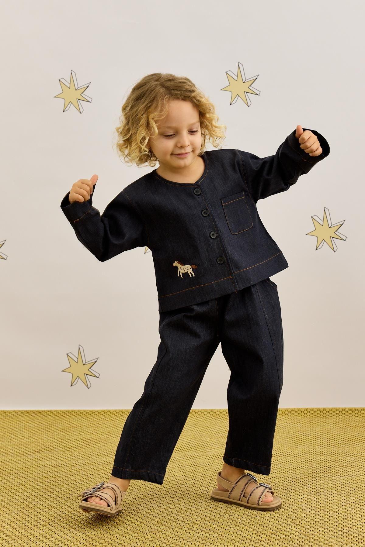 Kimono Denim Ceket Takım Lacivert