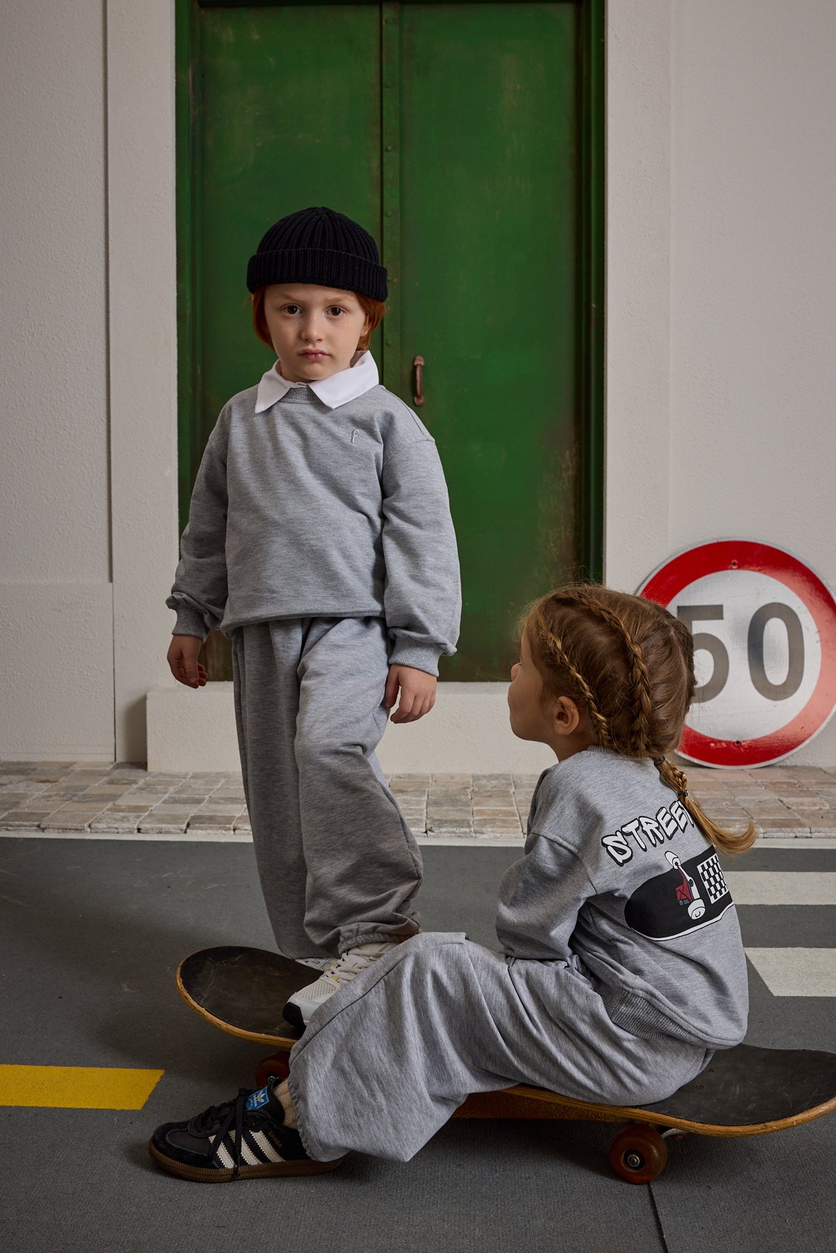 Oversize Baskılı Eşofman Takımı Gri Melange