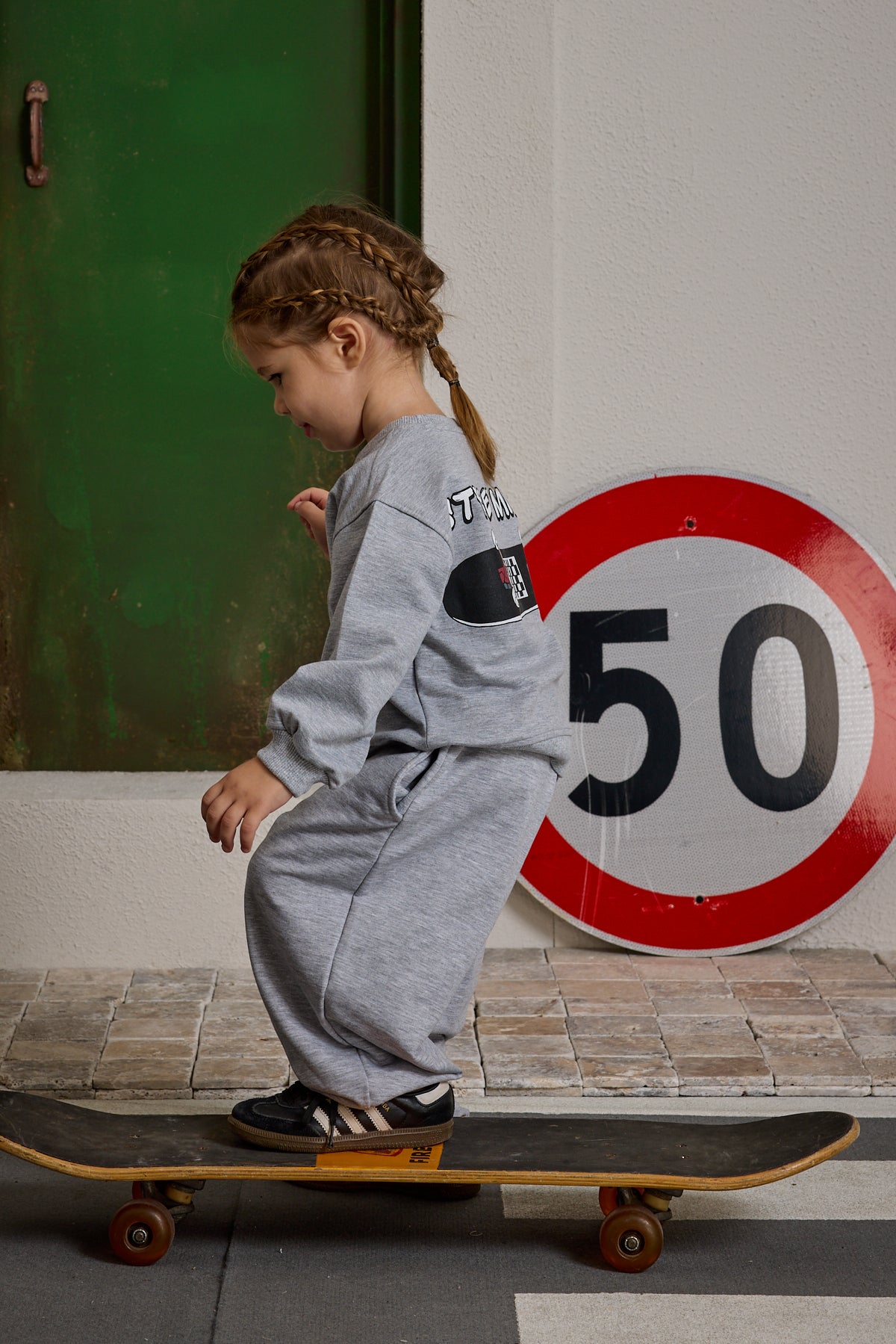 Oversize Baskılı Eşofman Takımı Gri Melange