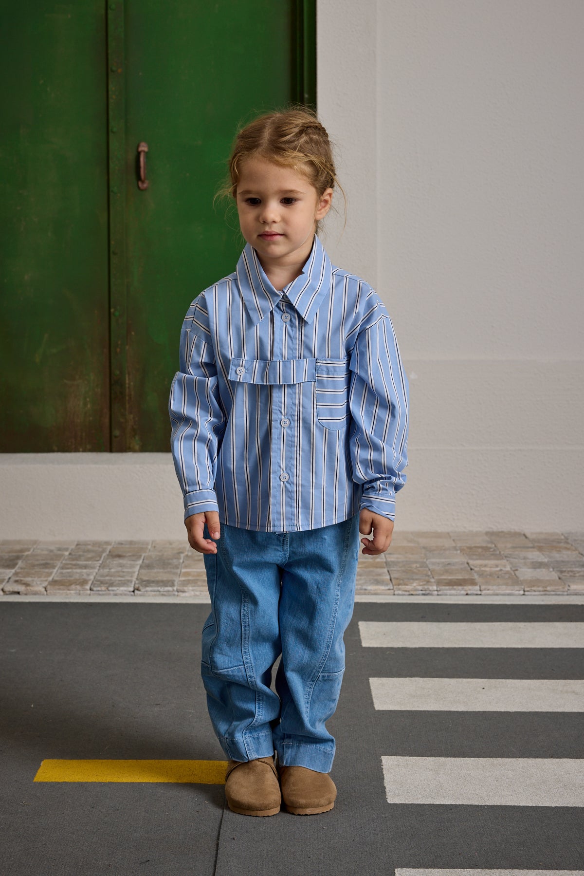 Pat Detaylı Çizgili Gömlek Mavi