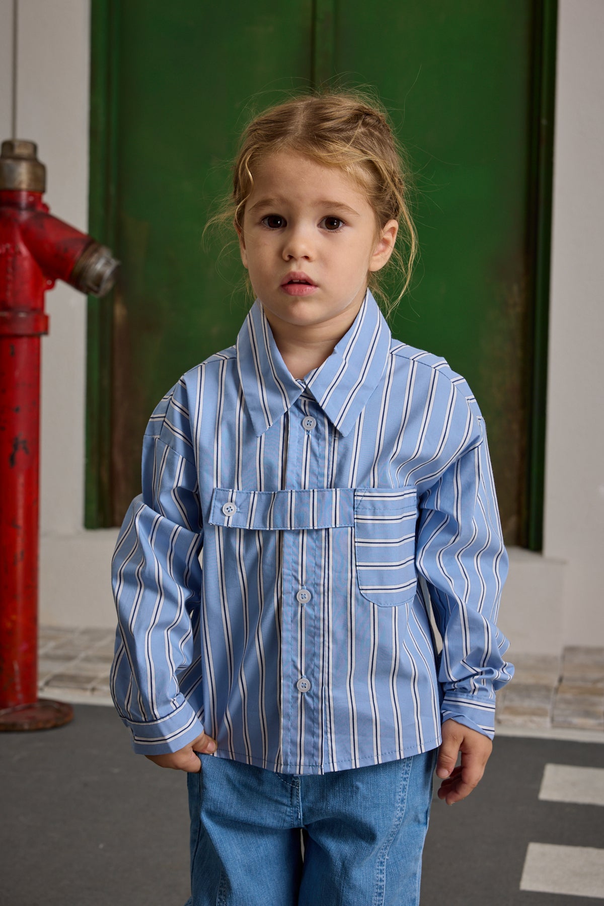 Pat Detaylı Çizgili Gömlek Mavi