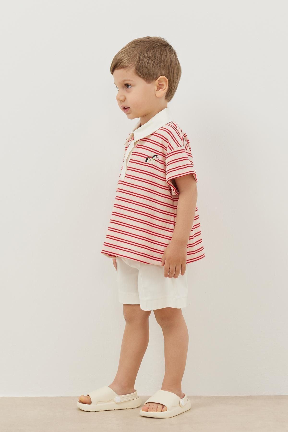 Polo Yaka Oversize Tişört İnce Çizgili Kırmızı