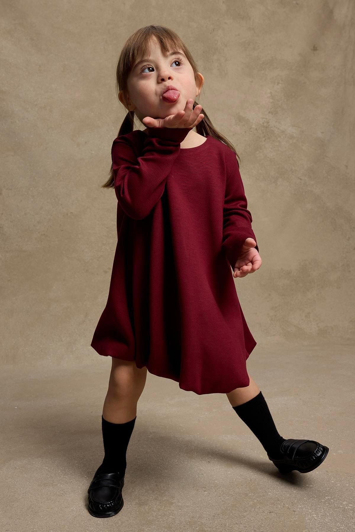 Soft Modal Balon Elbise Bordo