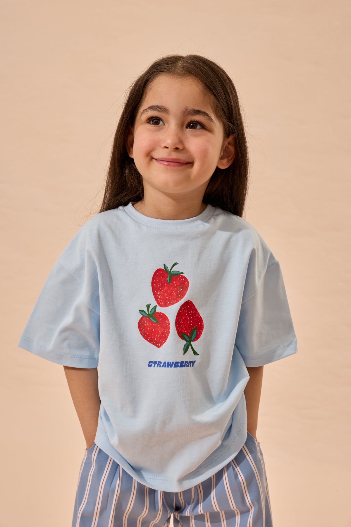 Strawberry Baskı Oversize Pamuk Tişört Mavi