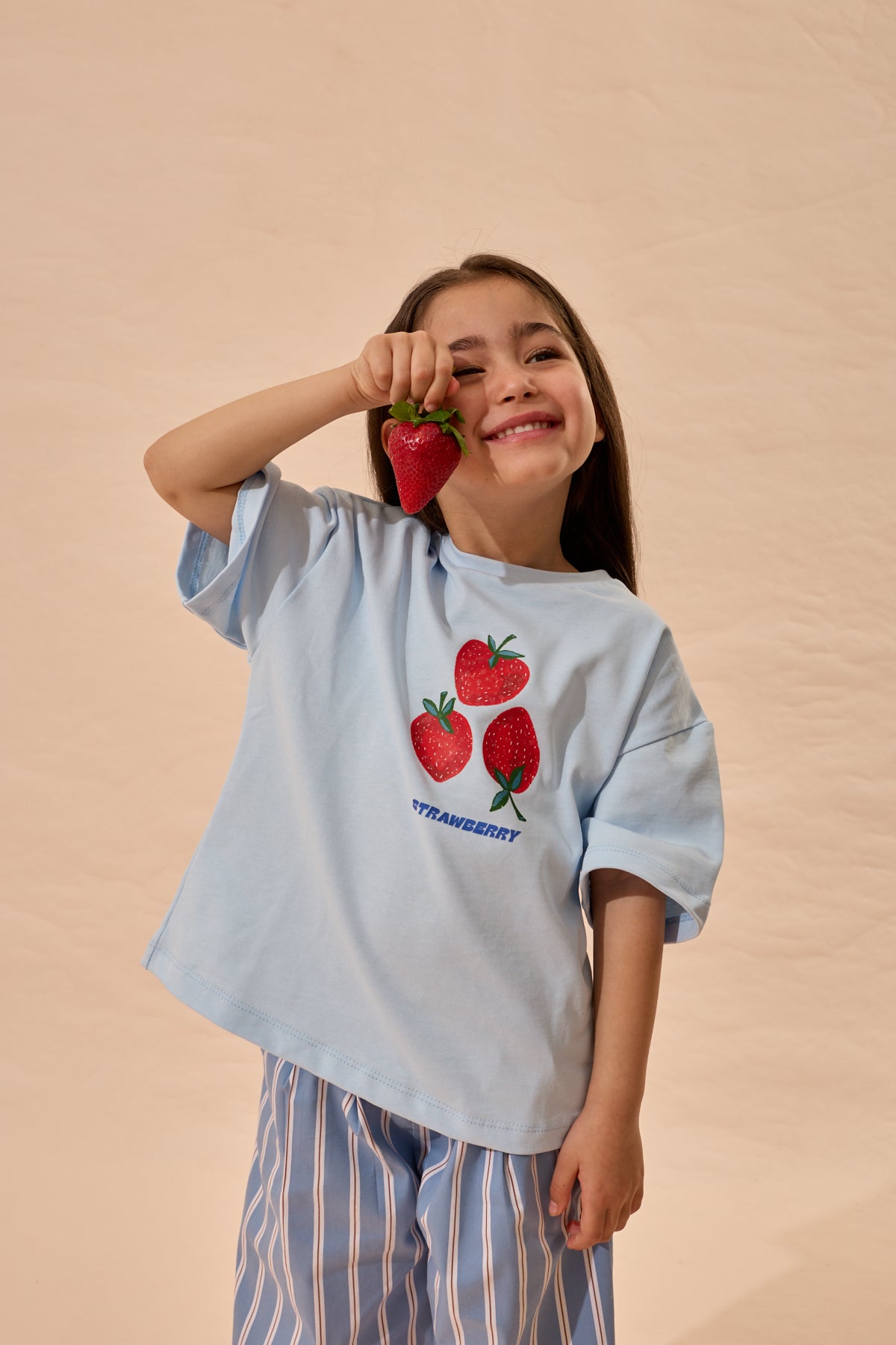 Strawberry Baskı Oversize Pamuk Tişört Mavi