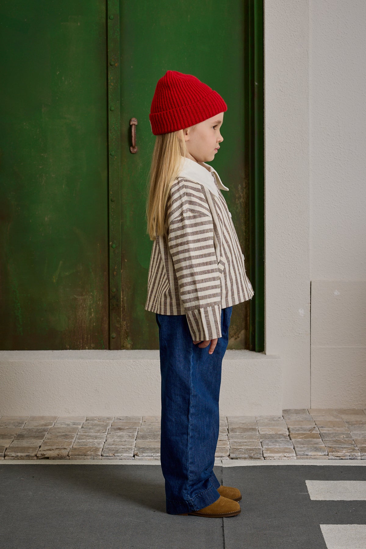 Yakalı Çizgili Ceket Bej