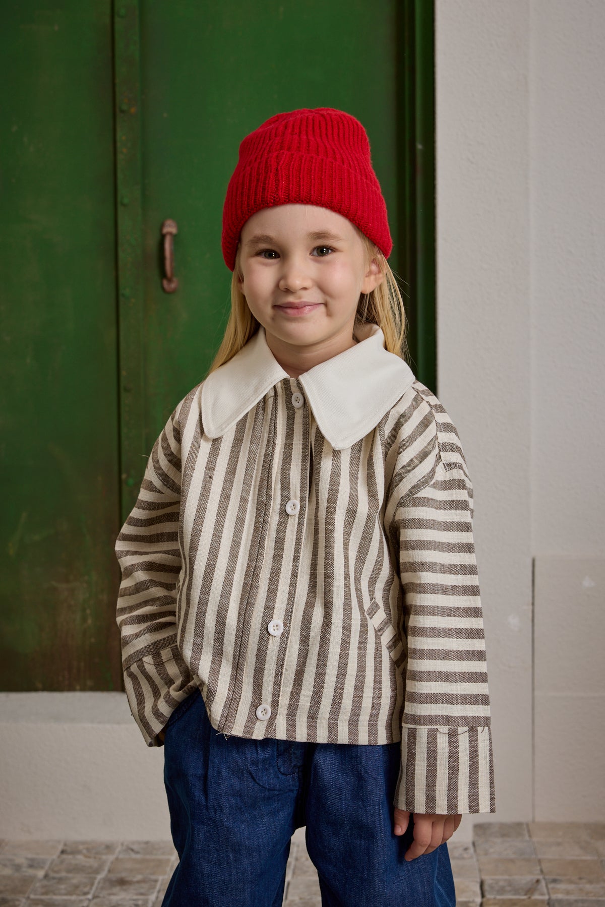 Yakalı Çizgili Ceket Bej