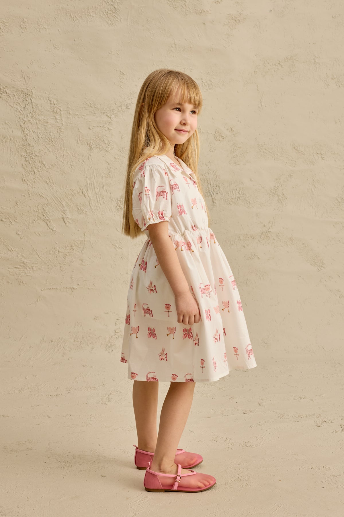 Yakalı Desenli Elbise Pembe