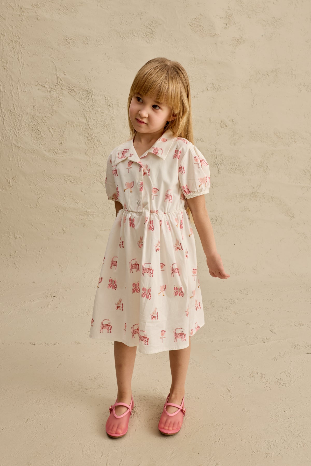 Yakalı Desenli Elbise Pembe