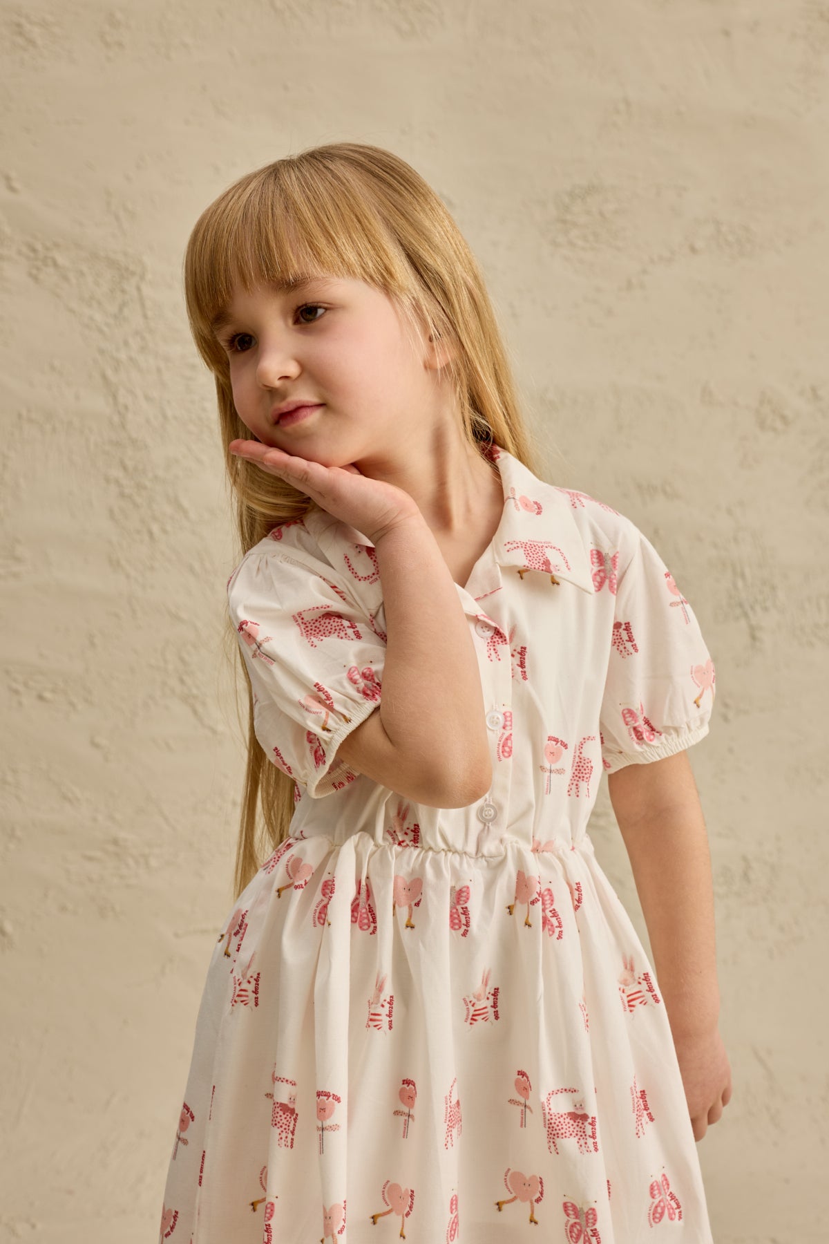 Yakalı Desenli Elbise Pembe