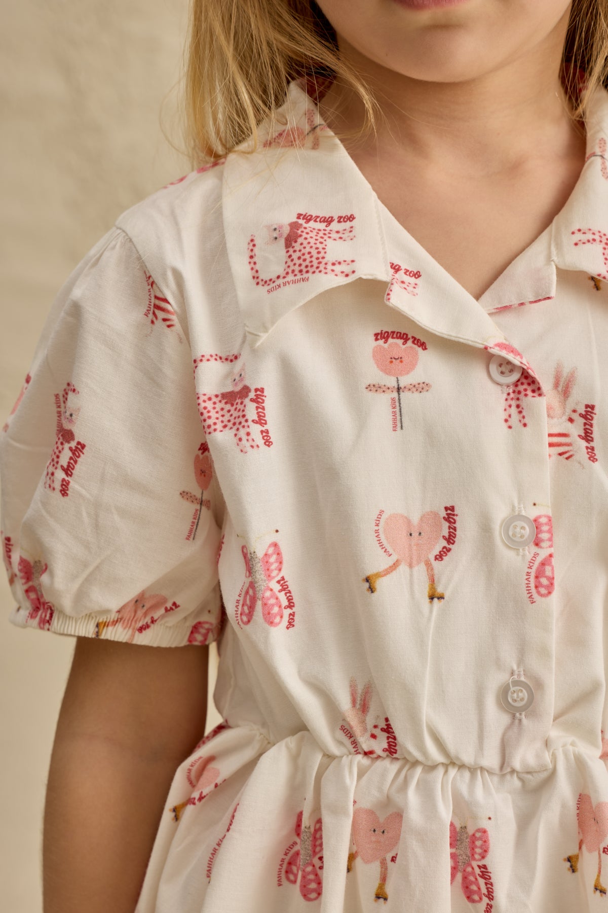 Yakalı Desenli Elbise Pembe